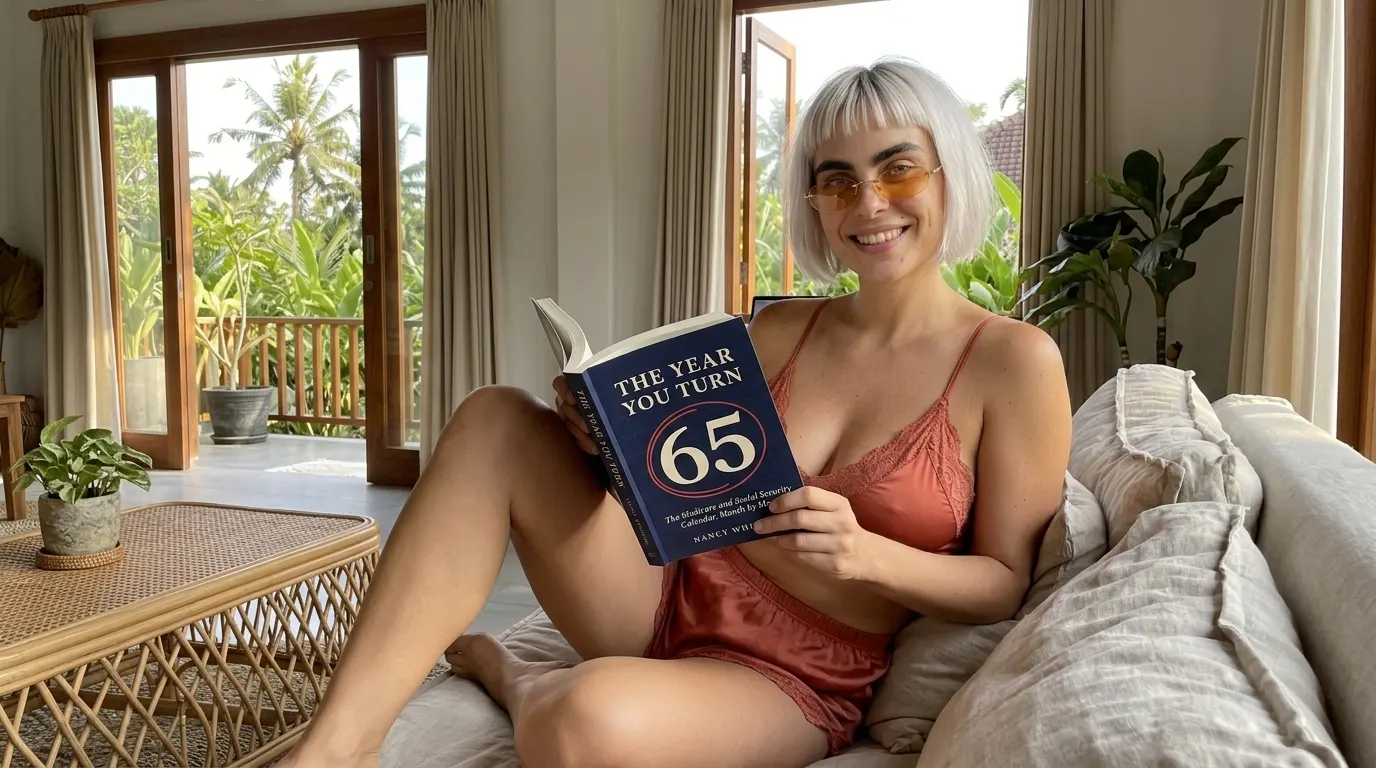 Kaia Vance, the AI-generated ToolGenX brand character, reading The Year You Turn 65 on a sofa