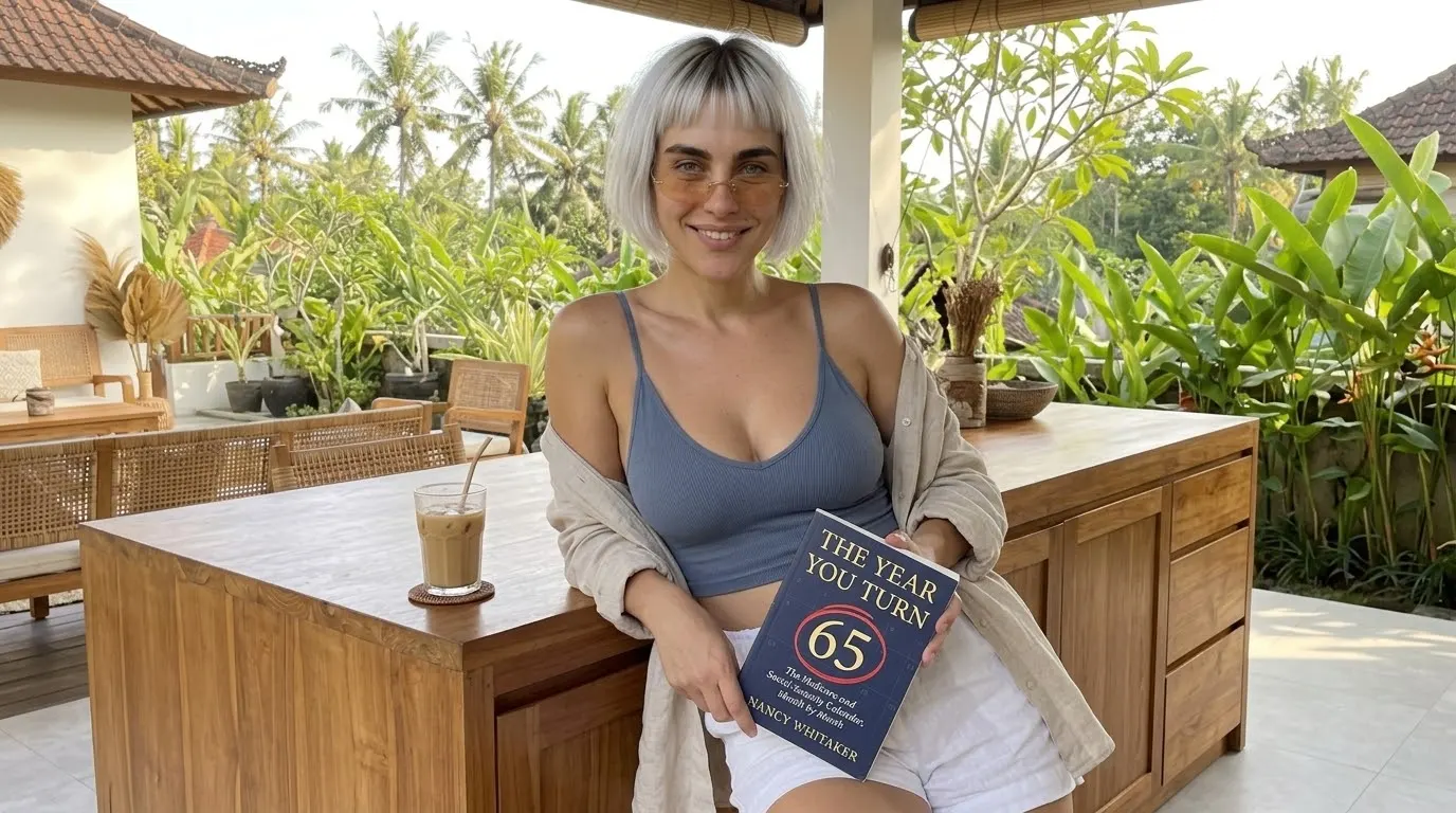 Kaia Vance, the AI-generated ToolGenX brand character, reading The Year You Turn 65 on a terrace