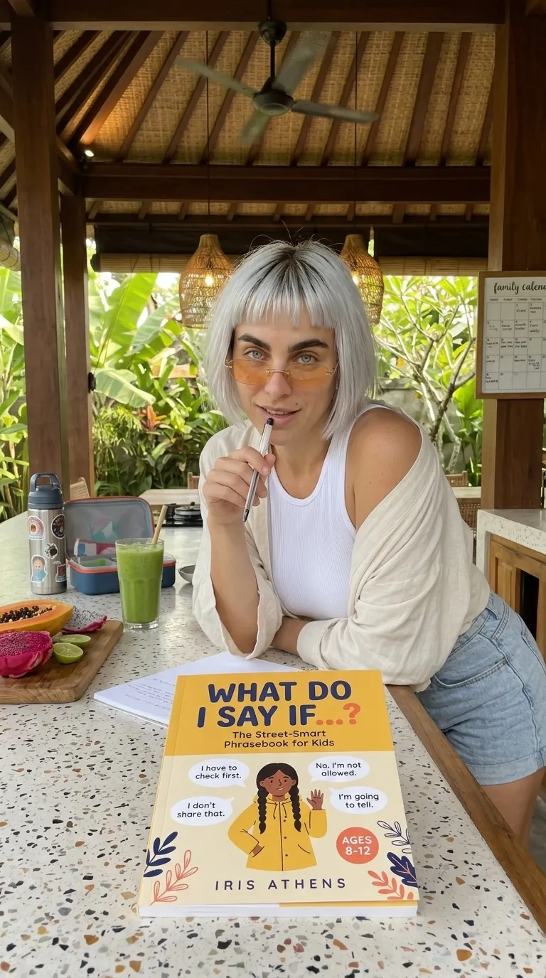 Kaia Vance, the AI-generated ToolGenX brand character, with What Do I Say If...? at a kitchen counter