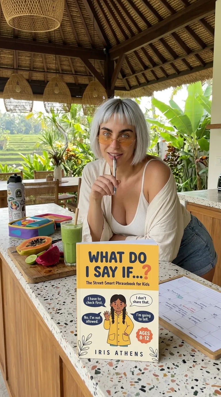 Kaia Vance, the AI-generated ToolGenX brand character, with What Do I Say If...? in a kitchen