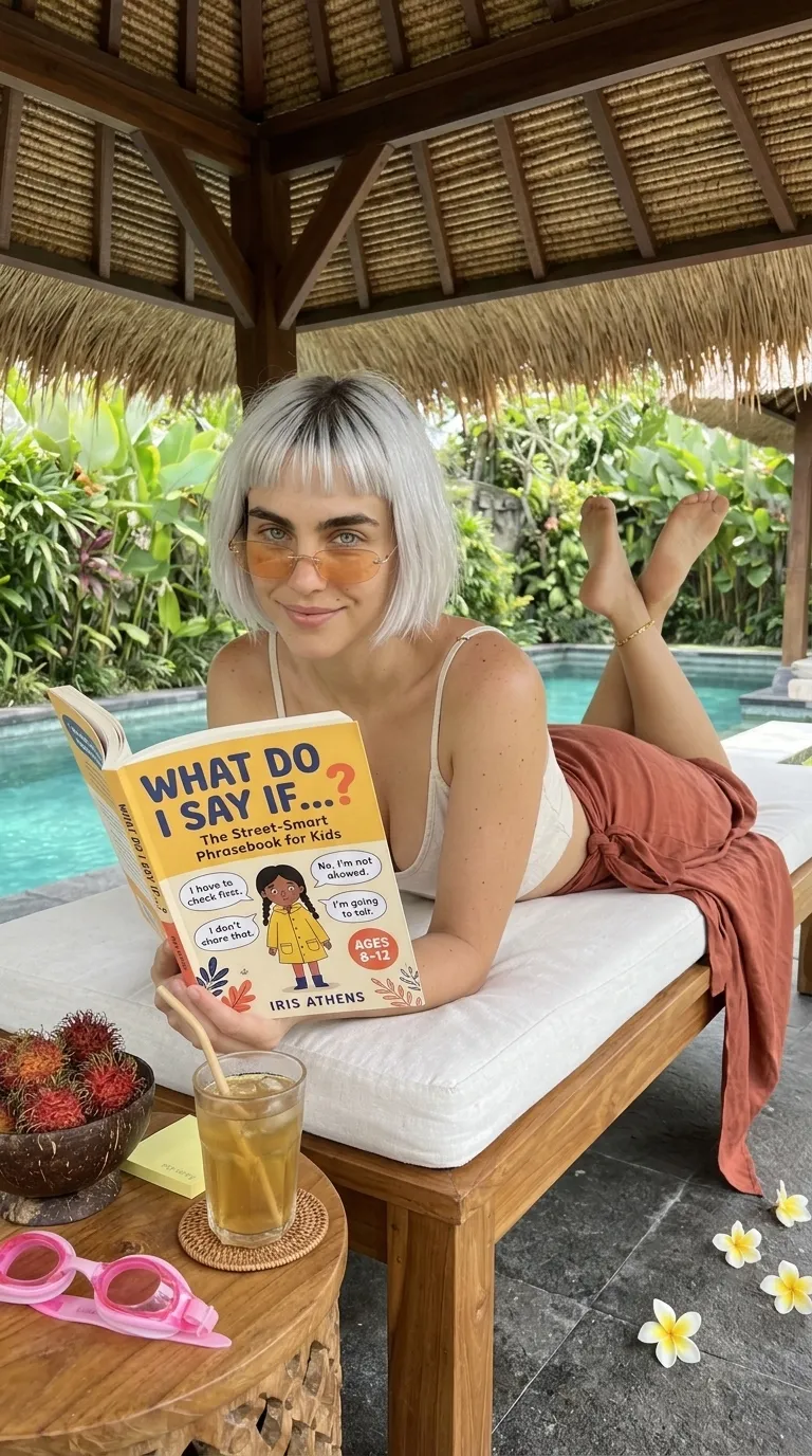 Kaia Vance, the AI-generated ToolGenX brand character, with What Do I Say If...? on a poolside daybed