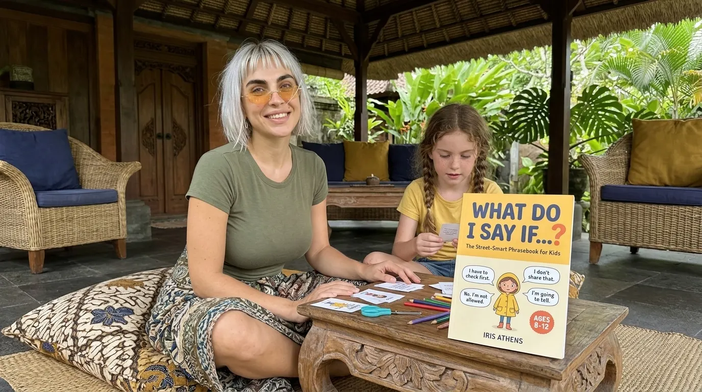 Kaia Vance, the AI-generated ToolGenX brand character, with What Do I Say If...? at a table with a child