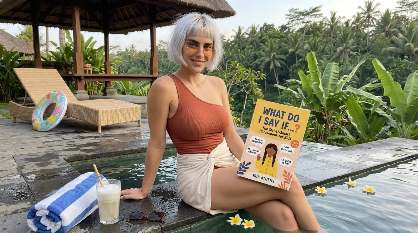 Kaia Vance, the AI-generated ToolGenX brand character, with What Do I Say If...? by a pool
