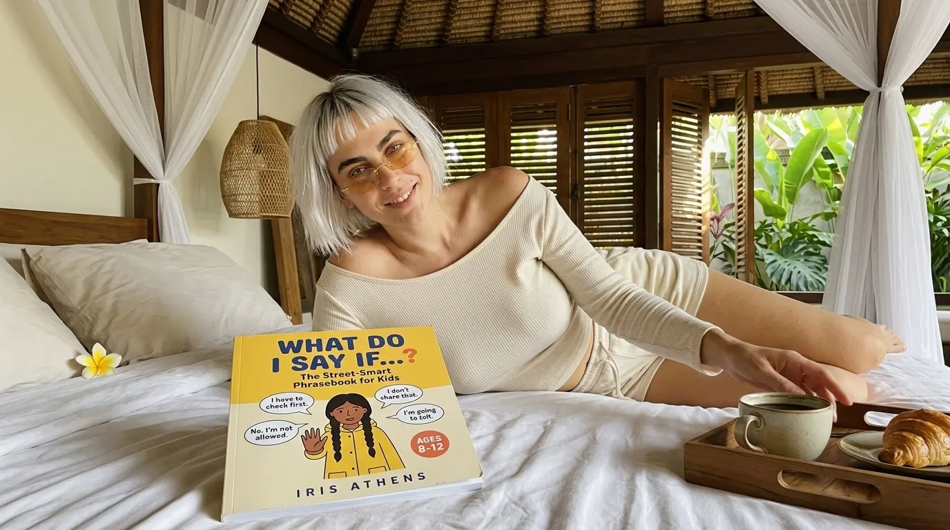 Kaia Vance, the AI-generated ToolGenX brand character, with What Do I Say If...? on a bed