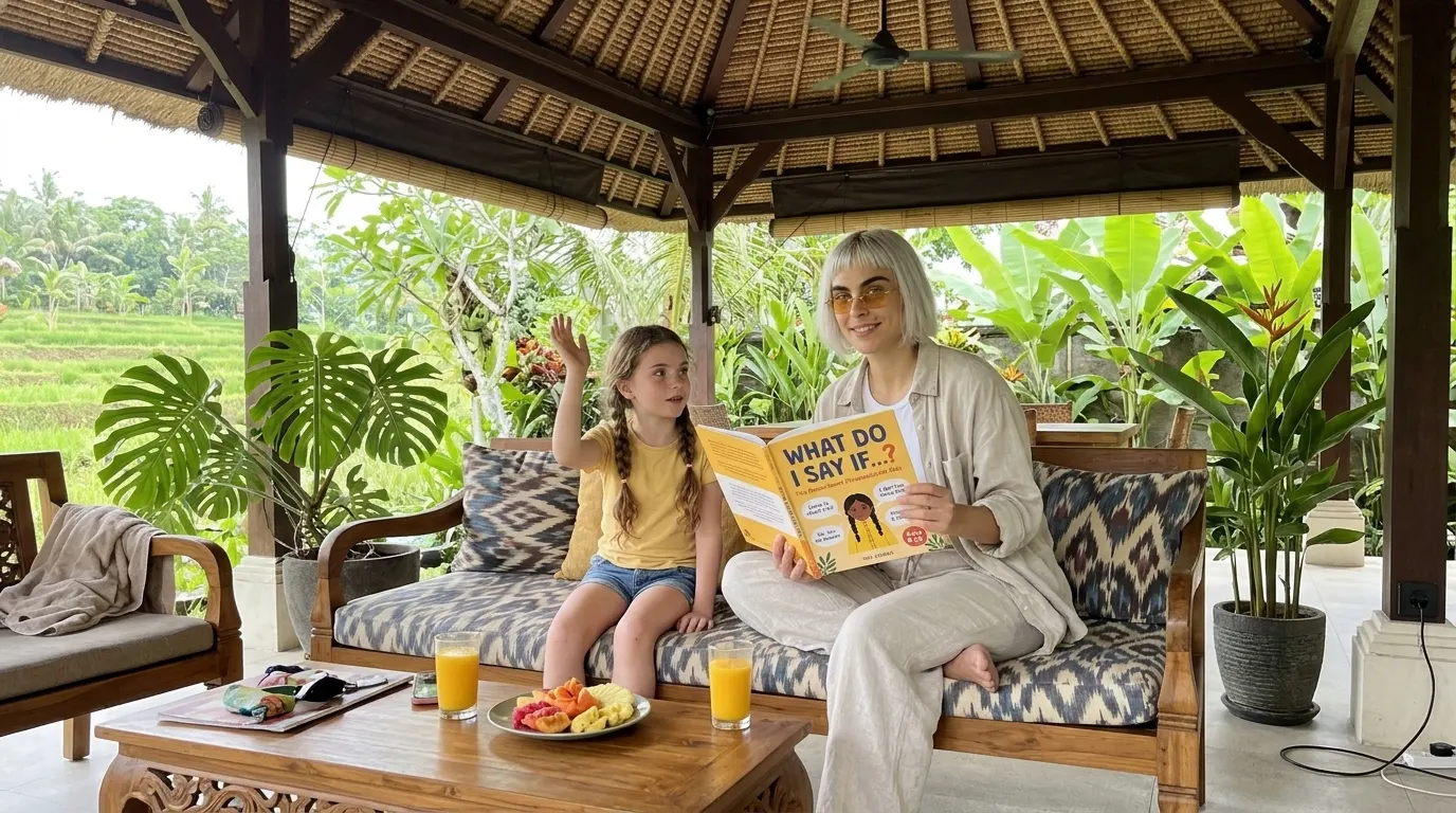 Kaia Vance, the AI-generated ToolGenX brand character, with What Do I Say If...? on a sofa with a child