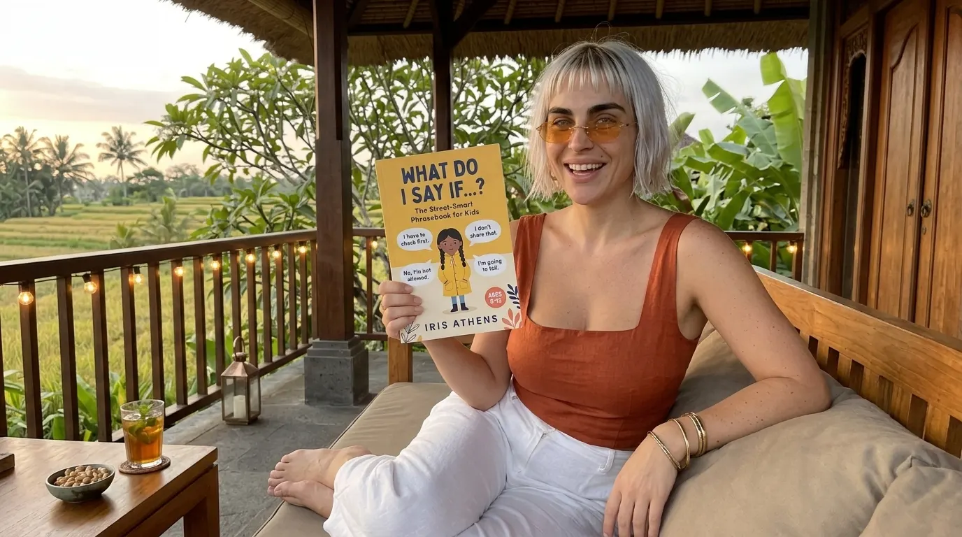 Kaia Vance, the AI-generated ToolGenX brand character, with What Do I Say If...? on a terrace